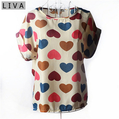 LIVA Vibrant Heart Print Chiffon Short Sleeve Blouse