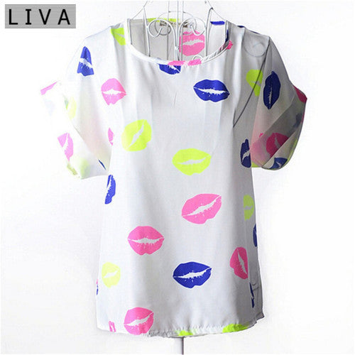 LIVA Neon Lip Print Chiffon Short Sleeve Blouse