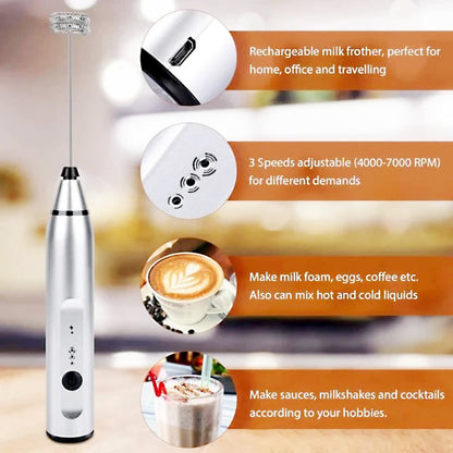 2-in-1 USB Rechargeable Milk Frother & Egg Beater – 3-Speed Handheld Electric Foam Maker