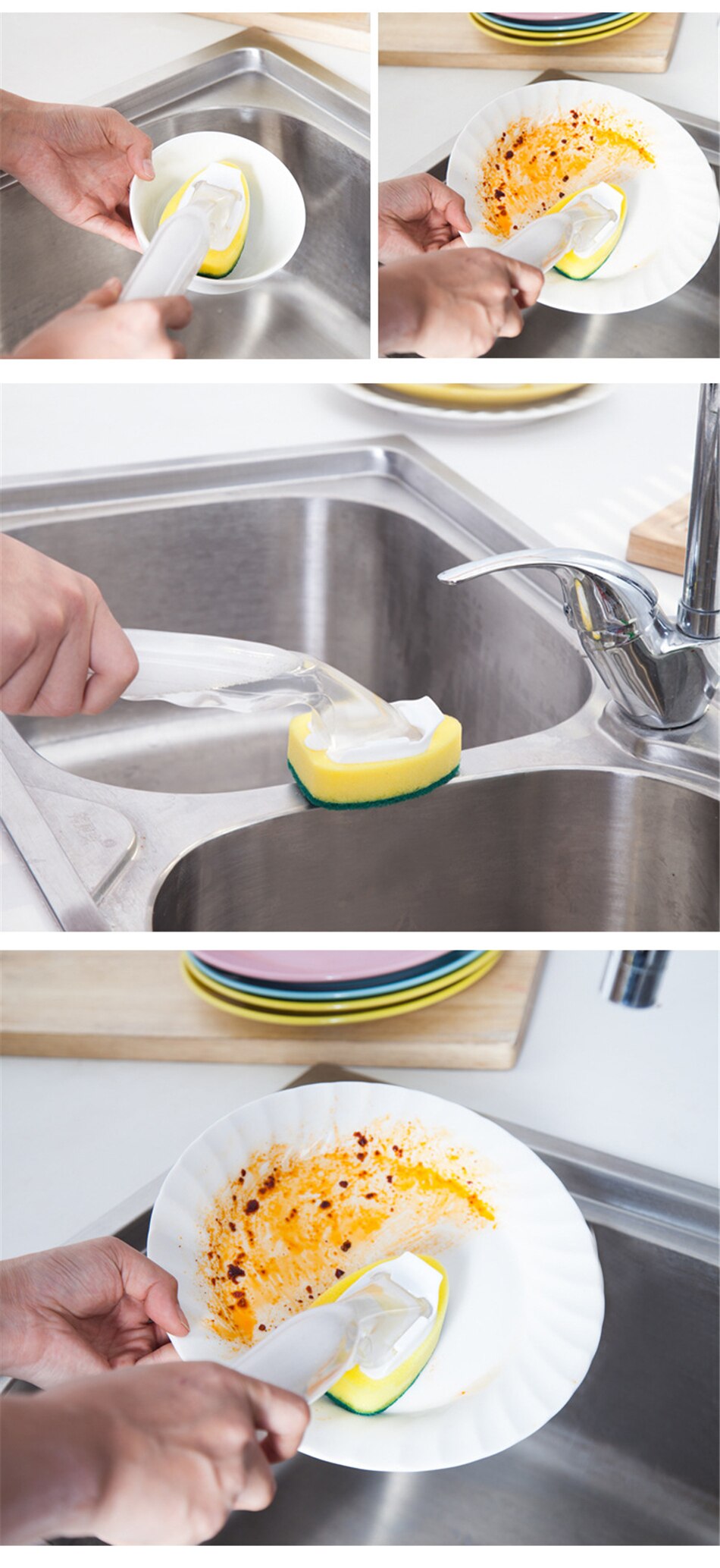 3 Sponge Heads Handheld Soap Scrubber Cleaner Dish Wand Brush Cleaning Tool