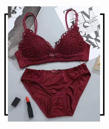 Women’s Lace Push-Up Bra Set Sexy Wireless Jacquard Bra with Bow Panties
