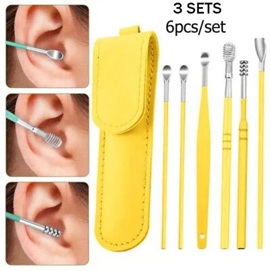 Pack of 3 Sets Stainless Steel Ear Wax Removal Kit with PU Leather Case (6 Pcs per Set) – Portable Ear Cleaner Tool Kit
