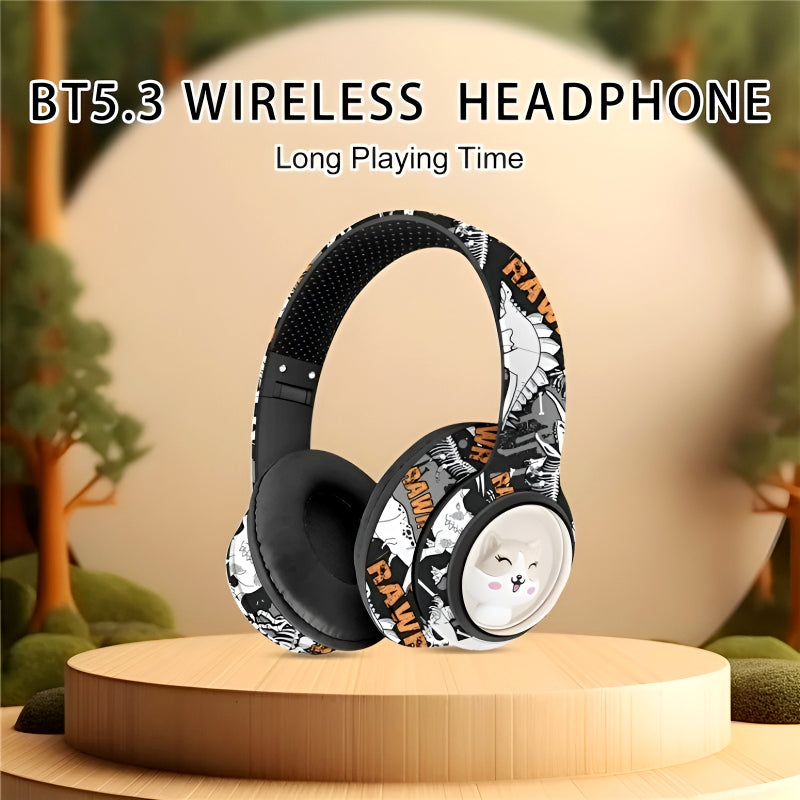 AKZ-36 Creative Graffiti Wireless Bluetooth 5.3 Headphones – Foldable Headset with Hi-Fi Sound, FM Radio, Microphone, and TF Card Support