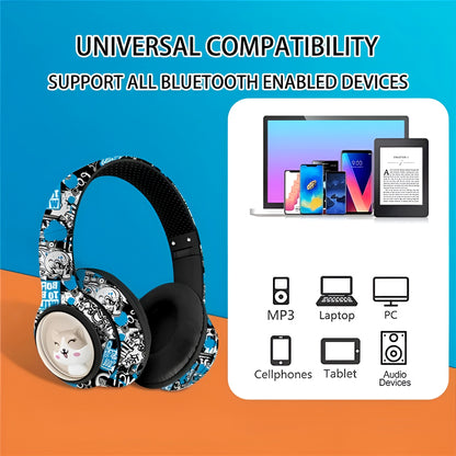 AKZ-36 Creative Graffiti Wireless Bluetooth 5.3 Headphones – Foldable Headset with Hi-Fi Sound, FM Radio, Microphone, and TF Card Support