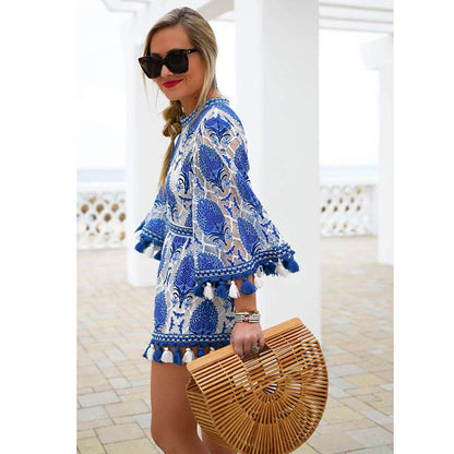 Boho Floral Lace Jumpsuit Romper One Piece Sashes Overalls Tassel See Through Back