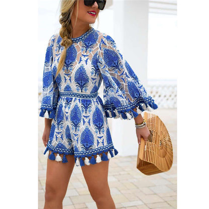 Boho Floral Lace Jumpsuit Romper One Piece Sashes Overalls Tassel See Through Back