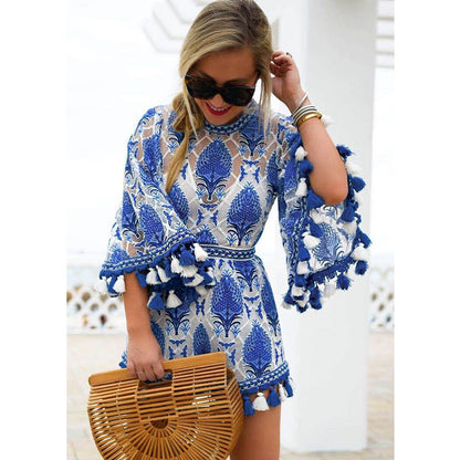 Boho Floral Lace Jumpsuit Romper One Piece Sashes Overalls Tassel See Through Back