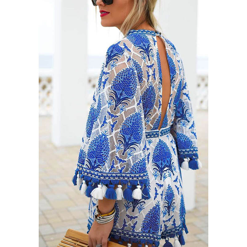 Boho Floral Lace Jumpsuit Romper One Piece Sashes Overalls Tassel See Through Back
