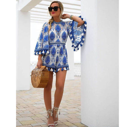 Boho Floral Lace Jumpsuit Romper One Piece Sashes Overalls Tassel See Through Back