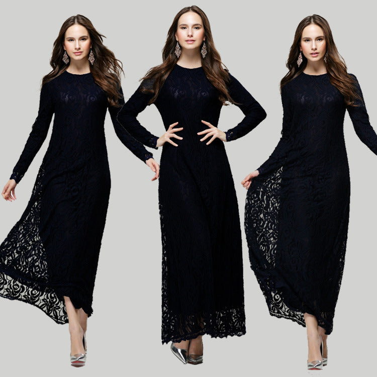 Vintage Women Wear Lace Long Sleeve Maxi Dress Kaftan