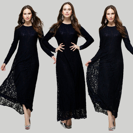 Vintage Women Wear Lace Long Sleeve Maxi Dress Kaftan