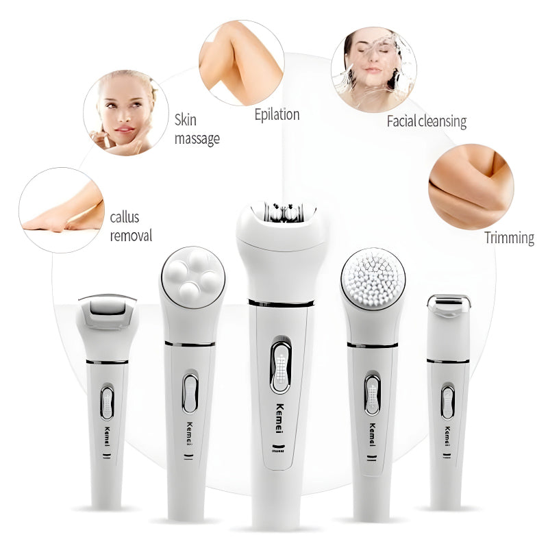 Kemei KM-2199 Multi-Functional Rechargeable Epilator: 5-In-1 Beauty Tools Kit For Women