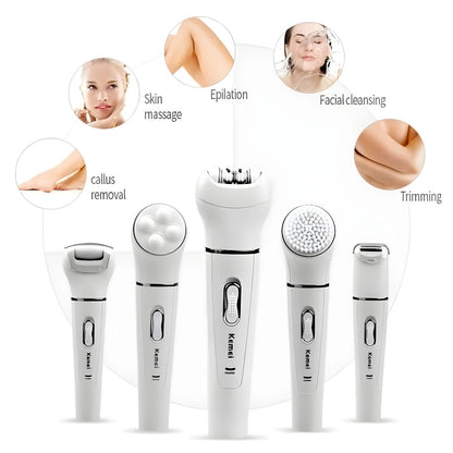 Kemei KM-2199 Multi-Functional Rechargeable Epilator: 5-In-1 Beauty Tools Kit For Women
