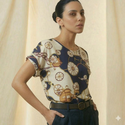 Gemini said LIVA Nautical Vintage Chain & Carriage Print Chiffon Blouse