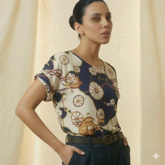 Gemini said LIVA Nautical Vintage Chain & Carriage Print Chiffon Blouse