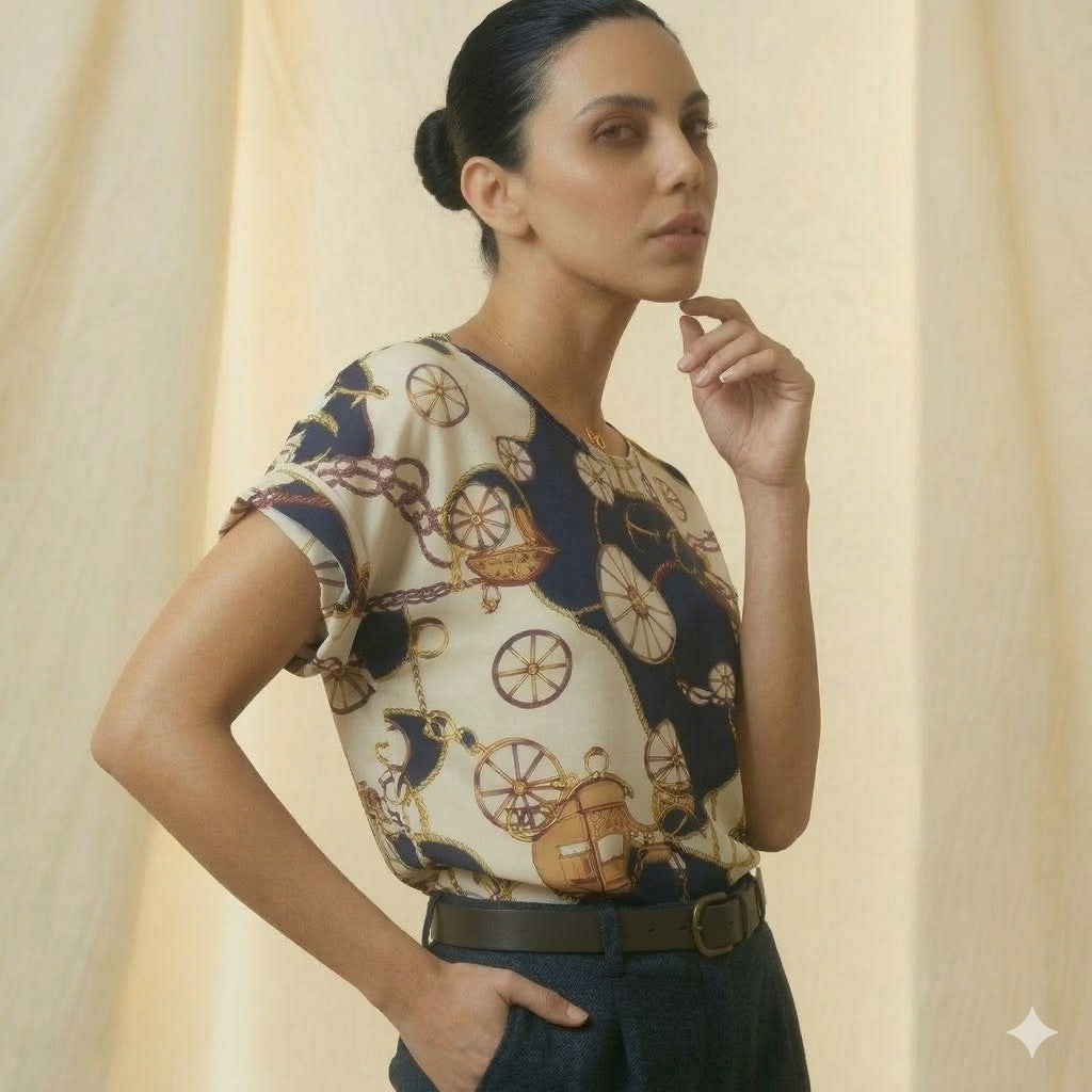 Gemini said LIVA Nautical Vintage Chain & Carriage Print Chiffon Blouse