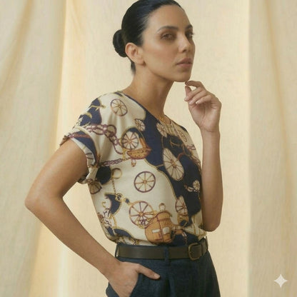 Gemini said LIVA Nautical Vintage Chain & Carriage Print Chiffon Blouse
