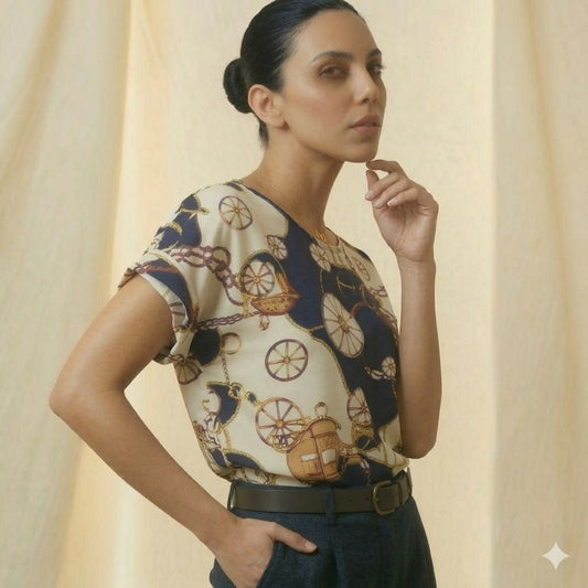 Gemini said LIVA Nautical Vintage Chain & Carriage Print Chiffon Blouse