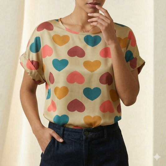 LIVA Vibrant Heart Print Chiffon Short Sleeve Blouse