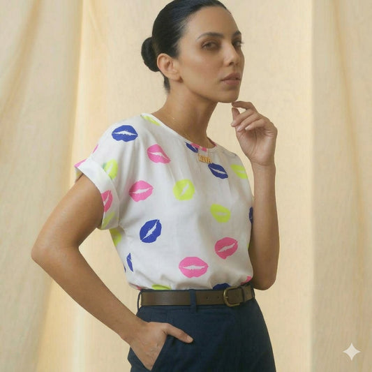 LIVA Neon Lip Print Chiffon Short Sleeve Blouse