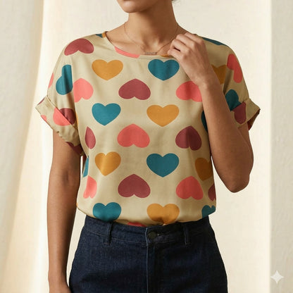 LIVA Vibrant Heart Print Chiffon Short Sleeve Blouse