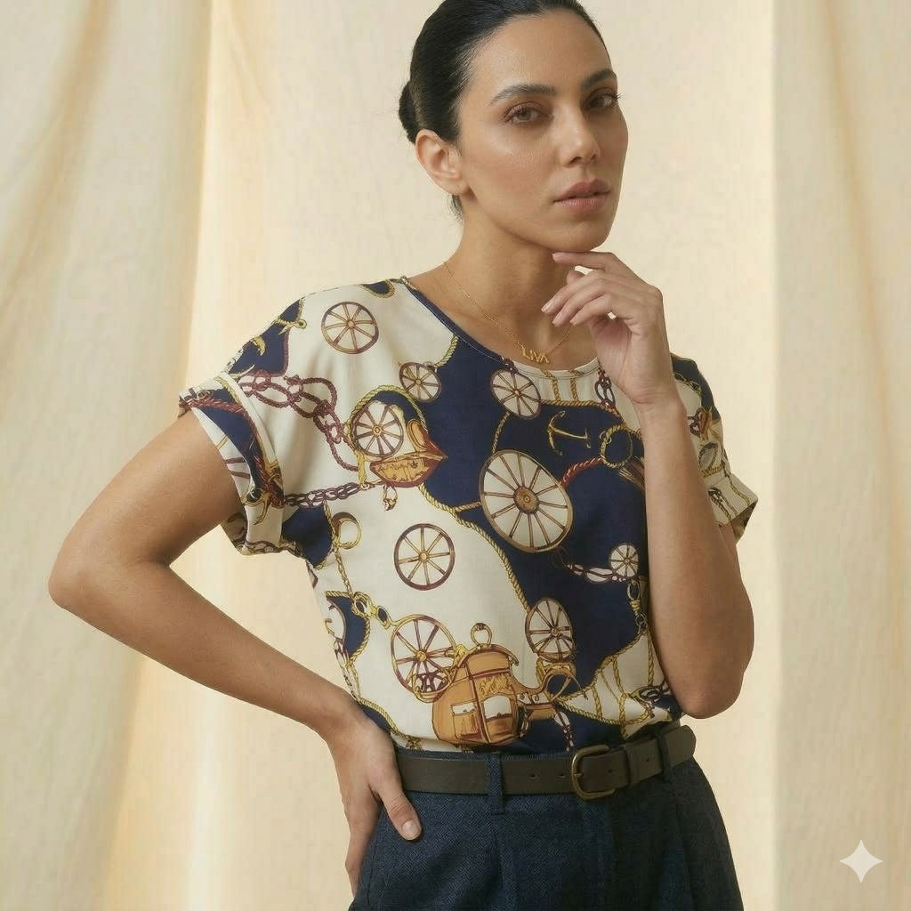 Gemini said LIVA Nautical Vintage Chain & Carriage Print Chiffon Blouse
