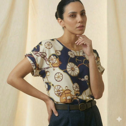 Gemini said LIVA Nautical Vintage Chain & Carriage Print Chiffon Blouse