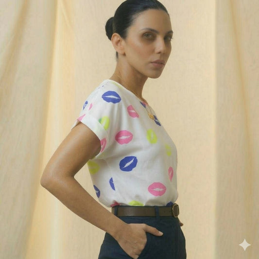 LIVA Neon Lip Print Chiffon Short Sleeve Blouse
