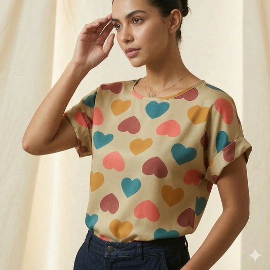 LIVA Vibrant Heart Print Chiffon Short Sleeve Blouse