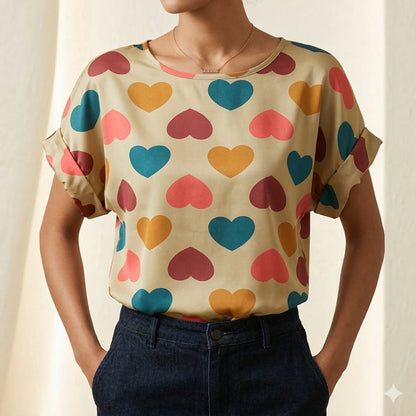 LIVA Vibrant Heart Print Chiffon Short Sleeve Blouse