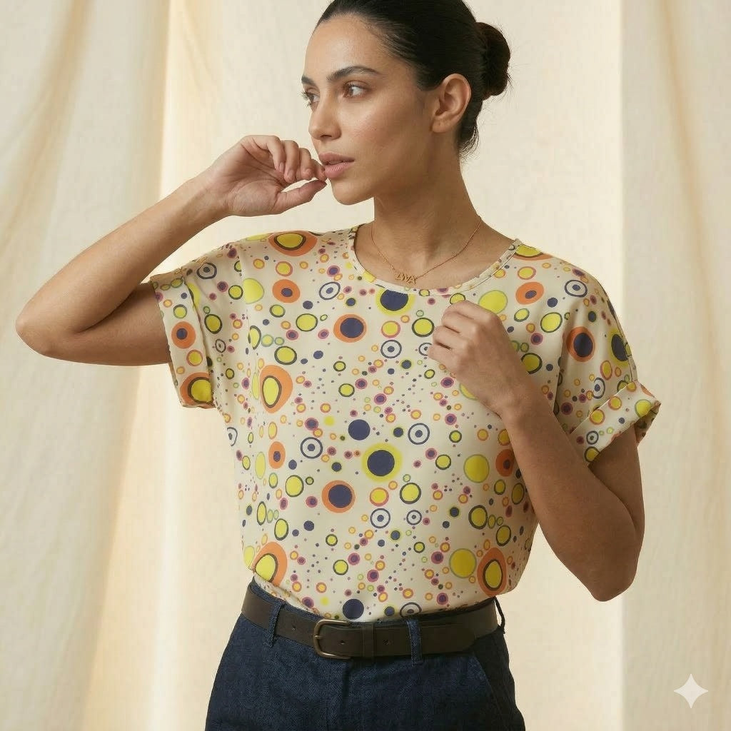 LIVA Polka Dot & Geometric Bubble Print Chiffon Blouse