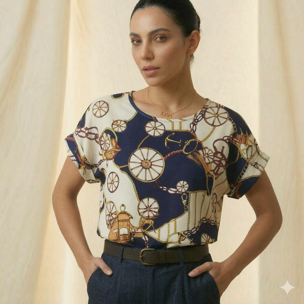 Gemini said LIVA Nautical Vintage Chain & Carriage Print Chiffon Blouse