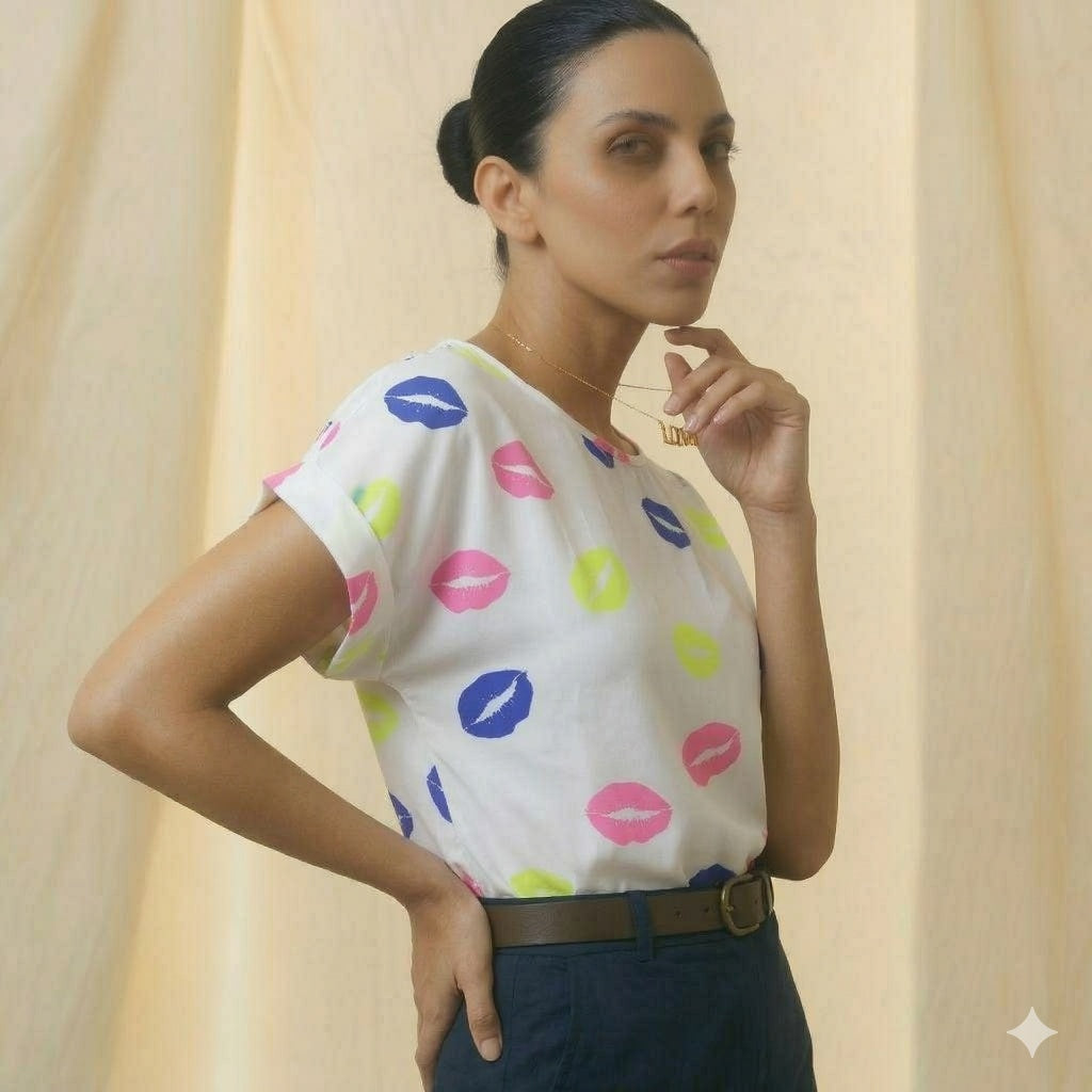 LIVA Neon Lip Print Chiffon Short Sleeve Blouse