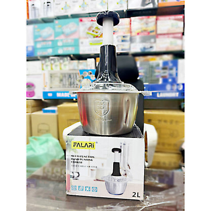2L Stainless Steel Manual Food Chopper – Heavy-Duty Hand-Push Food Processor with 4 Curved Blades