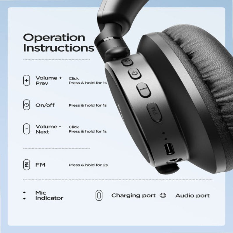 Joyroom JR-OH1 Wireless Bluetooth Headphones with Noise-Cancelling Microphone, Lightweight Design, and 10-Hour Playback Time