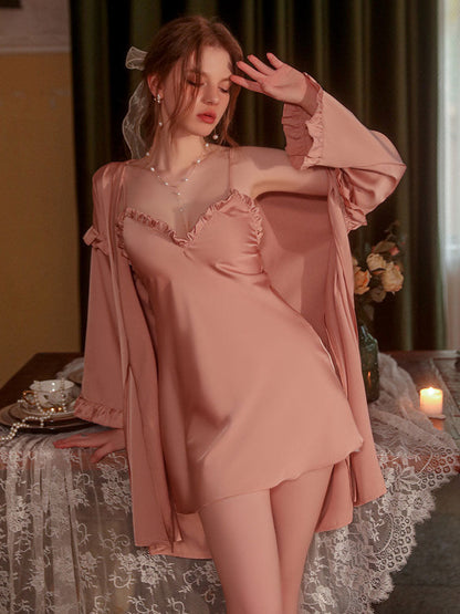 Sweet & Sexy Satin Lace Nightgown Robe Ruffle Edging Babydoll Nightdress Lingerie Set for Women