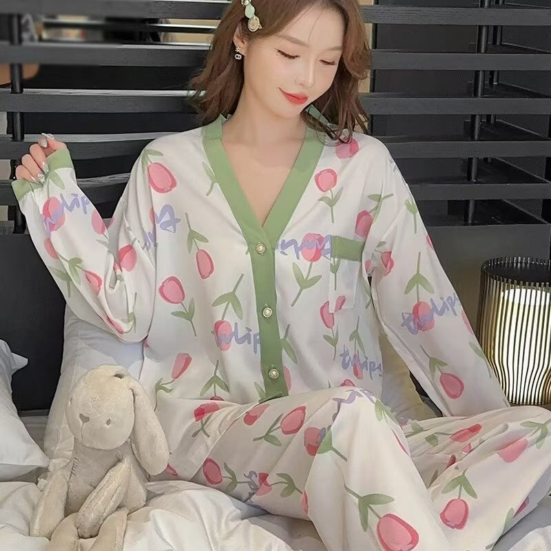 Elegant V-Neck Cardigan Night Suit – Stylish, Breathable, and Comfortable Loungewear for All Seasons