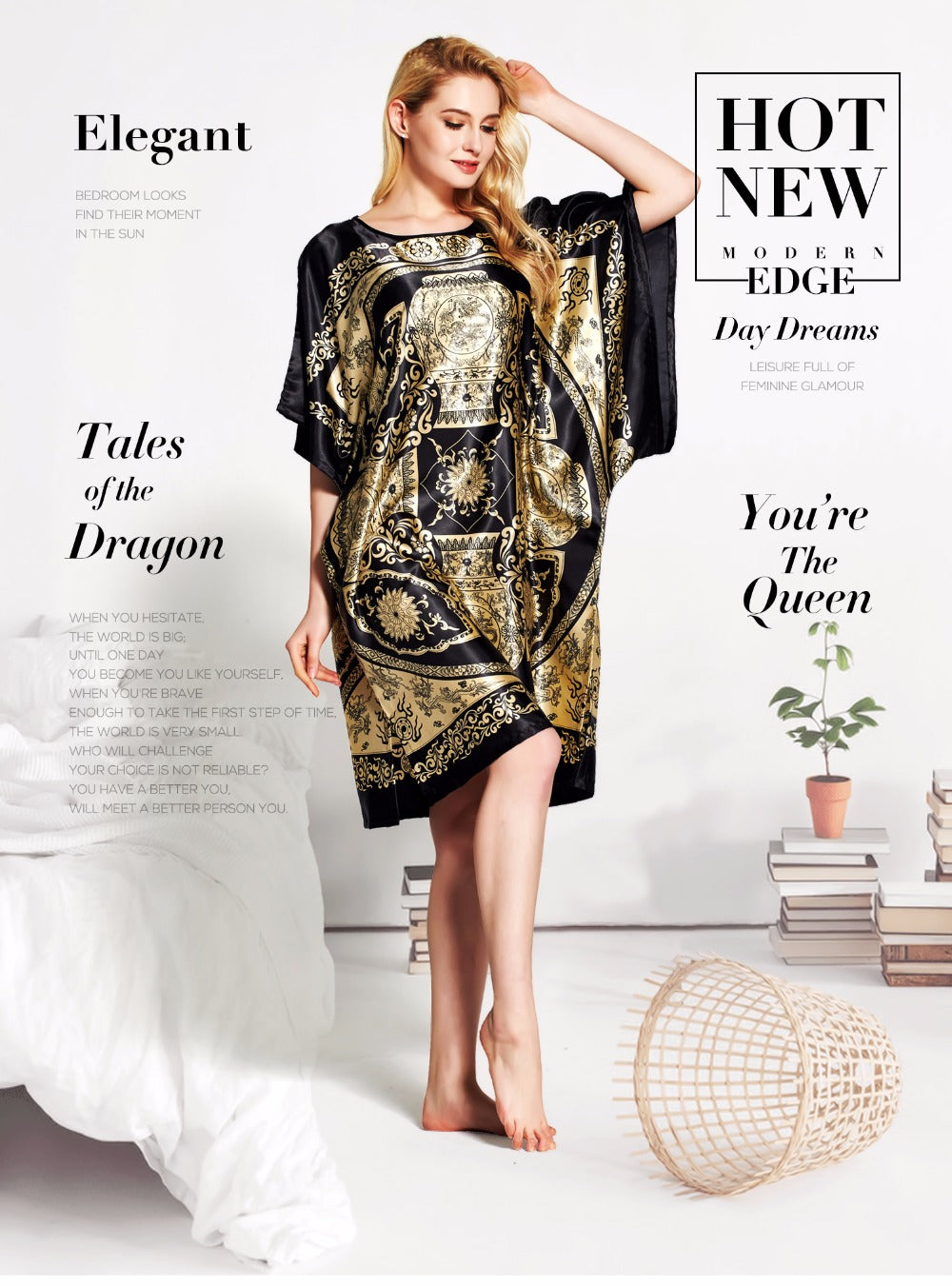 Luxury Gold & Black Bohemian Satin Nightgown