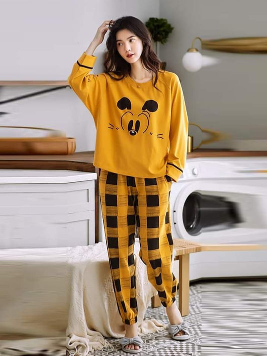 Cotton Night Suit Set Bear Face Printed Casual Loungewear For Ladies