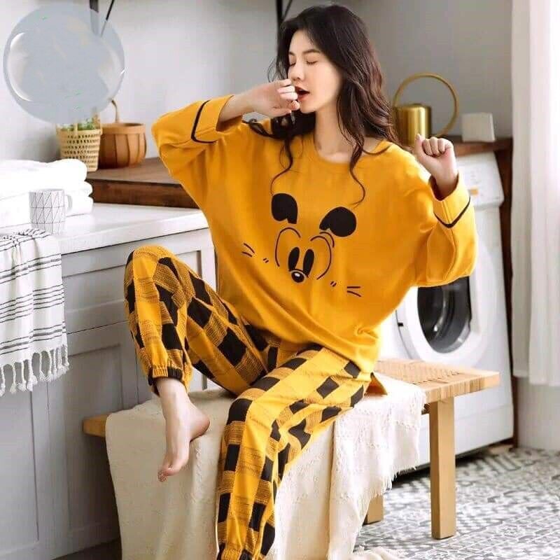 Cotton Night Suit Set Bear Face Printed Casual Loungewear For Ladies