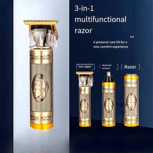 3-In-1 Vintage Grooming Set USB Rechargeable Multi-Functional Hair Clipper, Shaver, And Nose Trimmer For Men