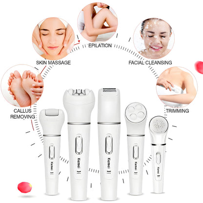 Kemei KM-2199 Multi-Functional Rechargeable Epilator: 5-In-1 Beauty Tools Kit For Women