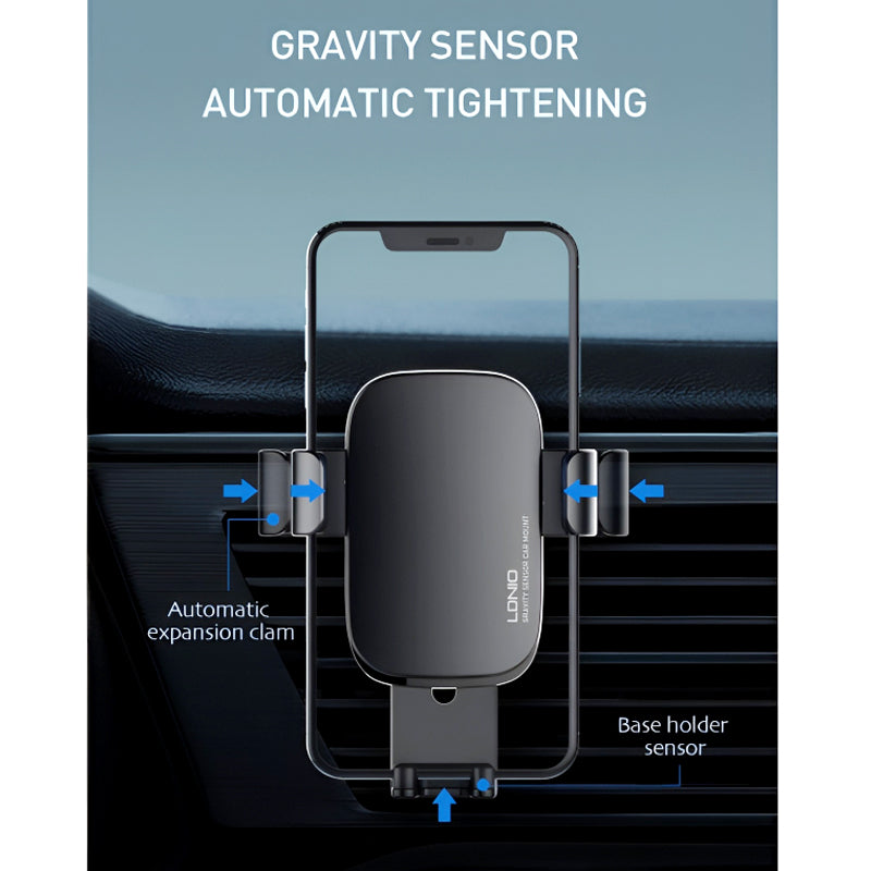 LDNIO MG10 Universal 360° Gravity Car Mount – Auto Lock & Release Phone Holder with Non-Slip Clamp