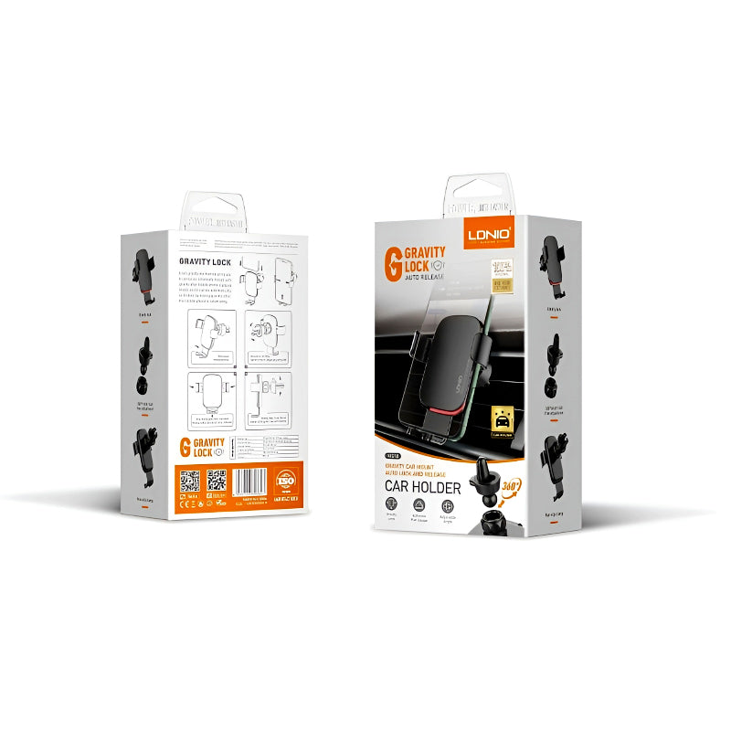 LDNIO MG10 Universal 360° Gravity Car Mount – Auto Lock & Release Phone Holder with Non-Slip Clamp