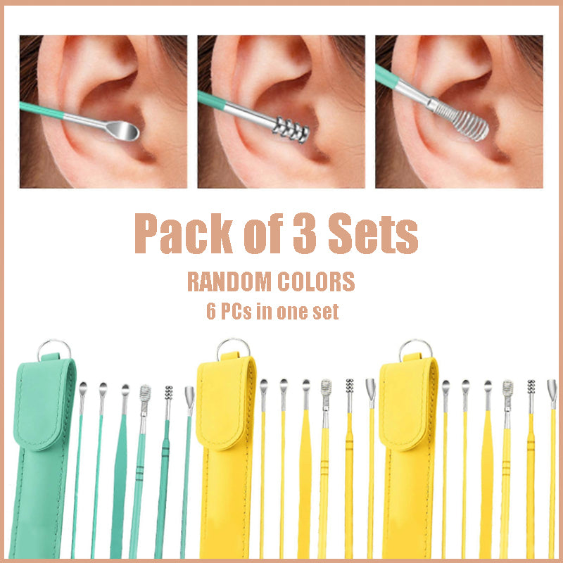Pack of 3 Sets Stainless Steel Ear Wax Removal Kit with PU Leather Case (6 Pcs per Set) – Portable Ear Cleaner Tool Kit