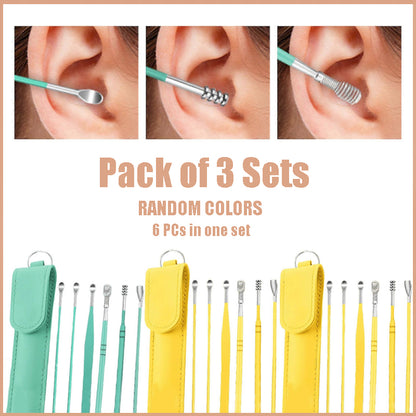 Pack of 3 Sets Stainless Steel Ear Wax Removal Kit with PU Leather Case (6 Pcs per Set) – Portable Ear Cleaner Tool Kit