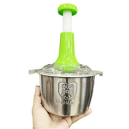 2L Stainless Steel Manual Food Chopper – Heavy-Duty Hand-Push Food Processor with 4 Curved Blades