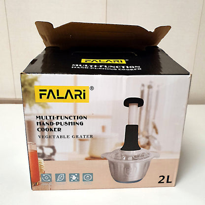 2L Stainless Steel Manual Food Chopper – Heavy-Duty Hand-Push Food Processor with 4 Curved Blades