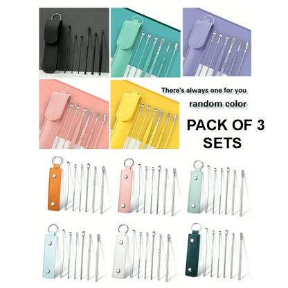 Pack of 3 Sets Stainless Steel Ear Wax Removal Kit with PU Leather Case (6 Pcs per Set) – Portable Ear Cleaner Tool Kit