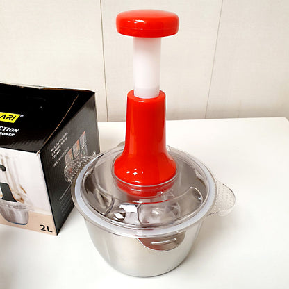 2L Stainless Steel Manual Food Chopper – Heavy-Duty Hand-Push Food Processor with 4 Curved Blades